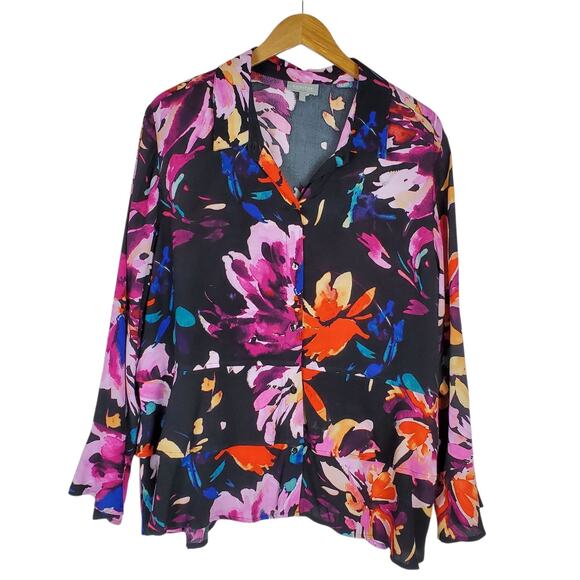Habitat Clothes To Live In Button Up Shirt XL Floral Splash Ruffle Long Sleeve - Picture 1 of 11